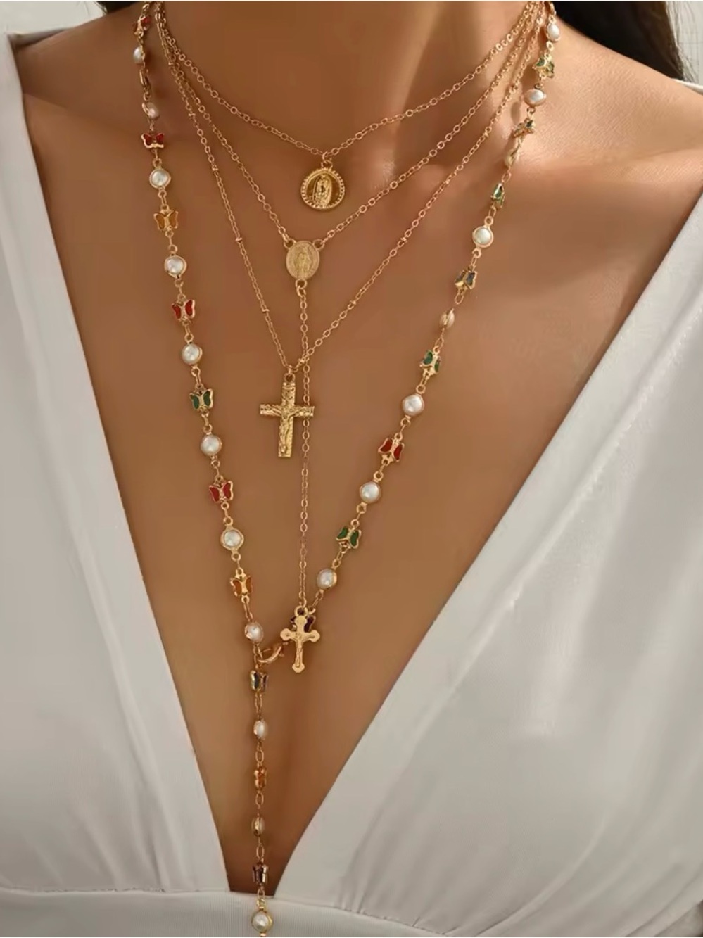 Gold Multi-Layer Multi Color Cross & Coin Necklace with Colored Accents